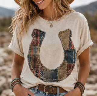 Rustic Patchwork Horseshoe Graphic Tee | Western Boutique
