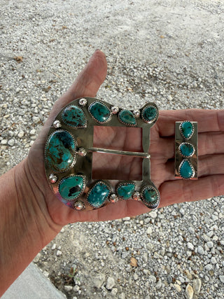 Custom Authentic Kingman Turquoise Statement Belt Buckle Set
