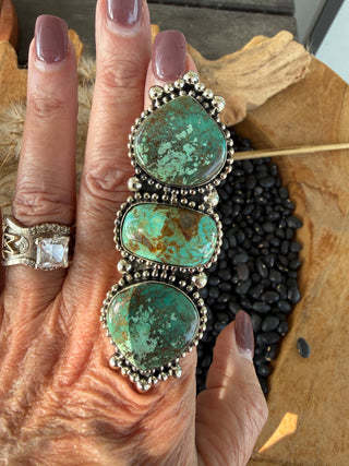 Statement Triple Turquoise Adjustable Ring-German Silver