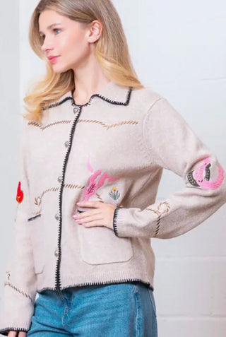 Western Embroidered Sweater Jacket | Oatmeal Button Front