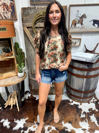 Cactus Bloom Top for Women | Floral Cactus Print Bubble Sleeve Western Top