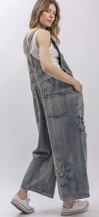 Vintage Flower Patch Denim Overalls | Boho Embroidered Wide Leg Jumpsuit