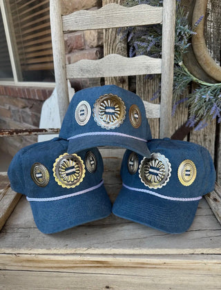 Denim Concho Cowgirl Cap with Rope Trim | Western Boutique Hat-Western Glam