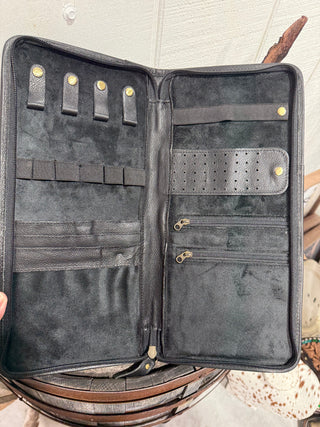 Cowhide & Turquoise Checkered Woven Jewelry Book Box | Western Travel Organizer