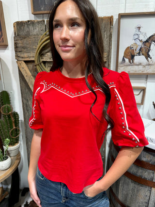 Red Studded Western Puff Sleeve Top