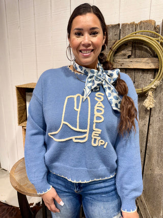 Saddle Up Rope Graphic Sweater – Dusty Blue Western Pullover