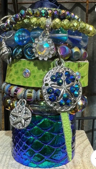 Iridescent Mermaid Leather Bracelet Stax with Crystal Beads & Rhinestone Concho Charms