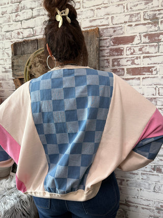 Blue Denim Checkered & Pink Sleeve Patchwork Pullover –  Casual Sweatshirt