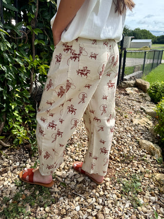 Western Cowboy Toile Barrel Leg Pants – High Waisted Cowgirl Print Twill Trousers