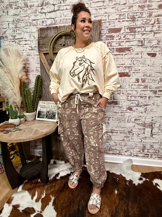 Cowgirl Western Print Cargo Jogger Pants – Horses, Boots & Cactus