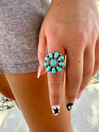 Juliana Benally Sleeping Beauty Turquoise Cluster Ring – Size 8.5