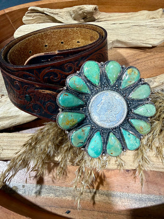 Huge Turquoise Coin Flower Belt Buckle | German Silver Statement Buckle | Western Belt Buckle (Belt Not Included)