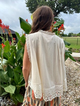 Cream Eyelet Oversized Summer Top | Boho Lace Trim Sleeveless Blouse