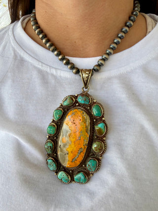 Bumblebee Jasper & Turquoise Statement Pendant | German Silver Southwestern Pendant (Pearls Not included)