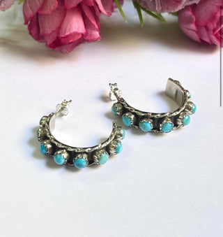 Sterling Silver Kingman Turquoise Hoop Earrings | Southwestern Turquoise Statement Hoops