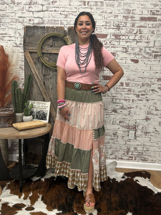 Olive Green Tiered Prairie Maxi Skirt