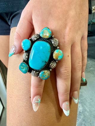Tibetan German Silver Turquoise Statement Ring | Adjustable Authentic Stone Ring | Southwestern Jewelry