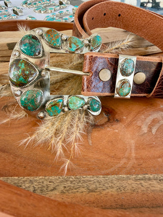 Custom Genuine Kingman Turquoise Artisan Belt Buckle Set
