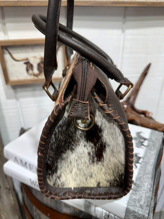 Tooled Leather & Hair-On Cowhide Western Handbag | Genuine Leather Cowhide Speedy Purse- Medium