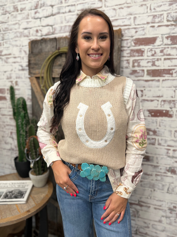 Feeling Lucky Tan Horseshoe Sweater Vest