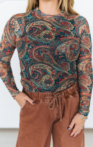Southwestern Paisley Long Sleeve Mesh Top | Barbwire n Bougie Boutique