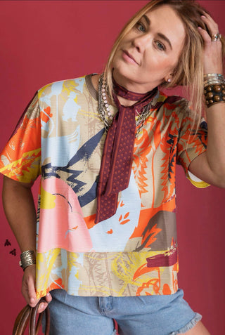2 Fly Neon Roundup Western Waffle Knit Graphic Boxy Top
