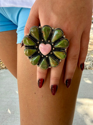 Pink Conch Heart & Sonoran Gold Turquoise Cluster Statement Ring | Adjustable German Silver Ring