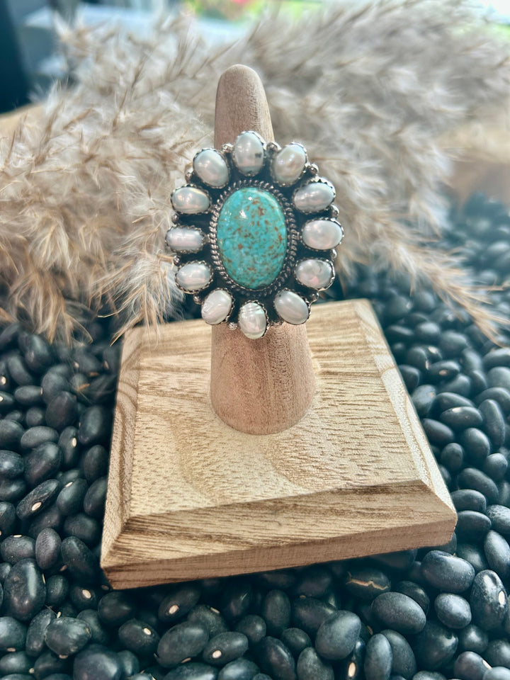 Sterling Silver Adjustable Ring -Mother Of Pearl/Turquoise