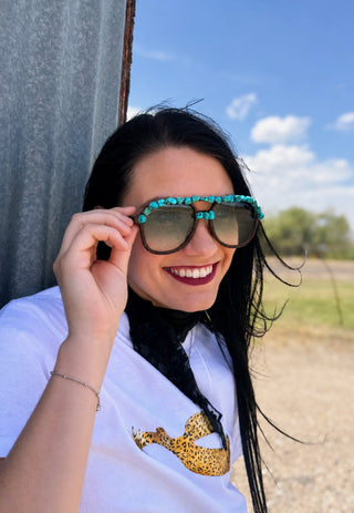 Turquoise Stone Embellished Oversized Sunglasses | Western Statement Shades