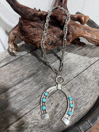 Western Horseshoe Pendant Necklace – Turquoise or Crystal Accents | Rustic Cowgirl Statement Jewelry- Silver