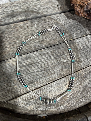 Western Navajo-Style Sterling Silver Pearl Necklace with Turquoise Accents | Layered Bar Bead Design-18”
