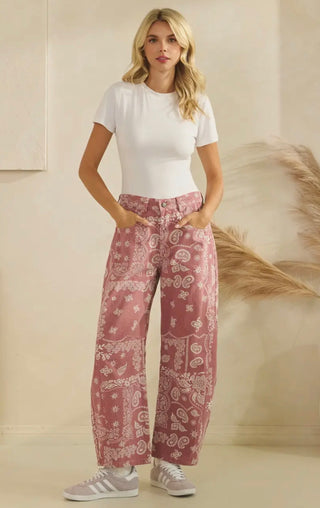 Washed Red Bandana Barrel Jeans – Western Paisley Wide Leg Cowgirl Denim-FINAL SALE !
