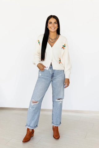 Roping Cowboy Embroidered Knit Cardigan | Western Button Front Sweater