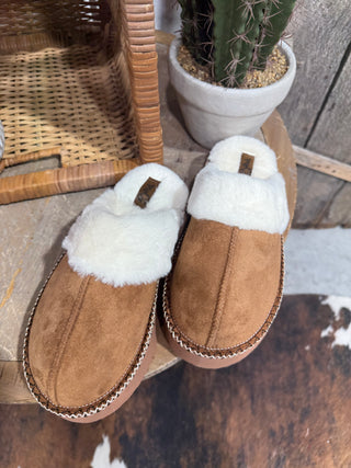 Cowpony Cozy Suede Platform Slippers – Tan with Plush Cream