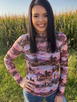 Cowboy Country Sunset Mesh Top