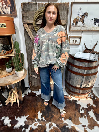 Over Sized Wildflower Camo Appliqué Hoodie