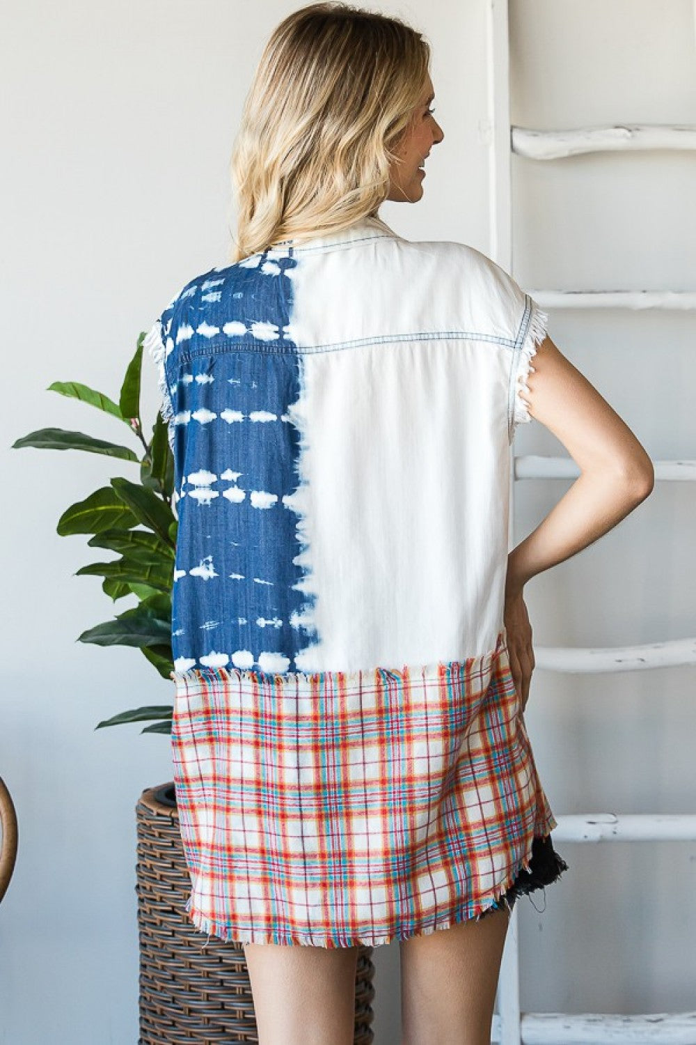 OLI & HALI WASHED DENIM MIX SLEEVELESS PLAID TOP-FINAL SALE !