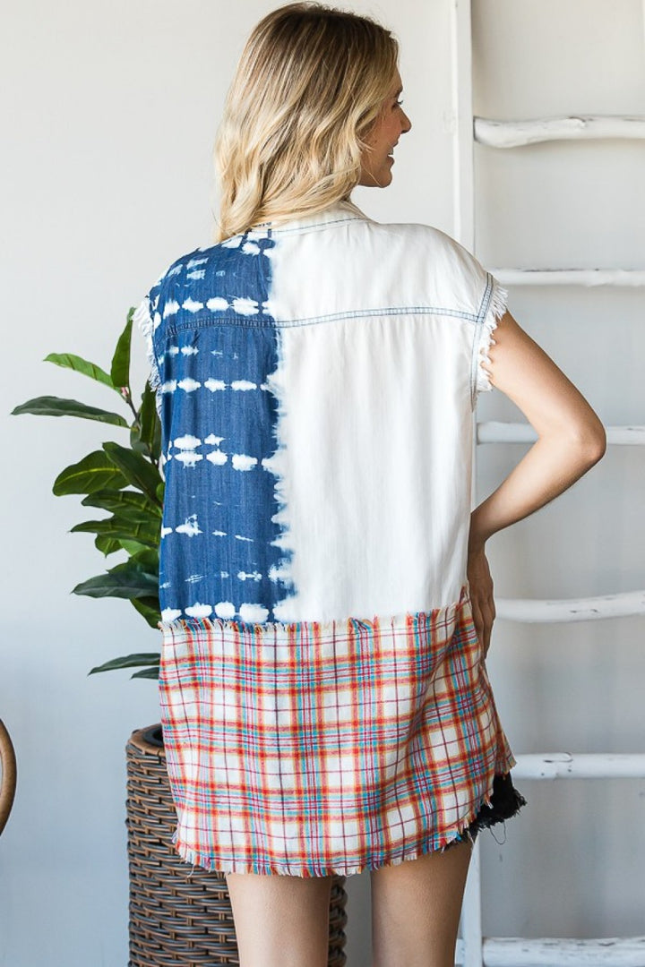 OLI & HALI WASHED DENIM MIX SLEEVELESS PLAID TOP-FINAL SALE !