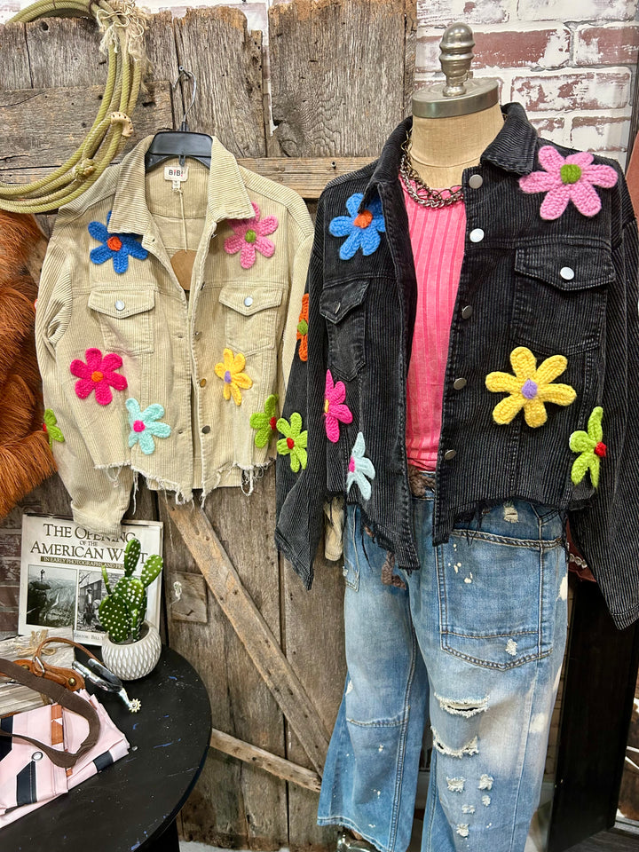 Distressed Corduroy Jacket with Multi Colored Flower Crochet Patches- Two Colors