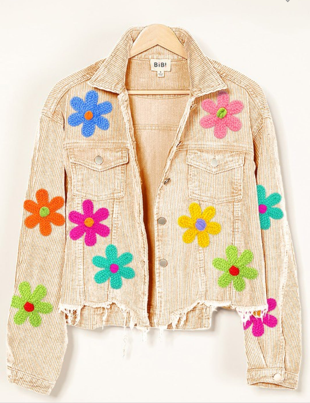 Distressed Corduroy Jacket with Multi Colored Flower Crochet Patches- Two Colors