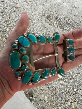 Custom Authentic Kingman Turquoise Statement Belt Buckle Set