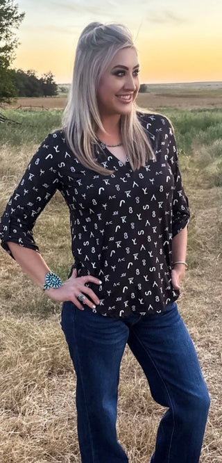 Forever Branded Western Top |  Black Cattle Brand Print