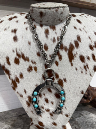 Western Horseshoe Pendant Necklace – Turquoise or Crystal Accents | Rustic Cowgirl Statement Jewelry- Gold Or Silver