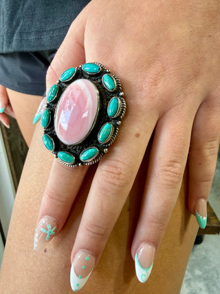 Tibetan German Silver Pink Conch & Kingman Turquoise Ring | Adjustable Statement Ring | Southwestern Jewelry
