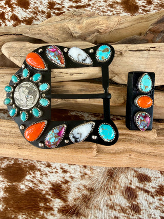 Handmade Buffalo Nickel Southwestern Belt Buckle Set with Turquoise, Spiny Oyster , Purple Dahlia & White Buffalo Stones
