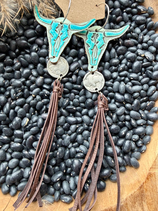 Turquoise Steer Skull Earrings with Buffalo Nickel & Leather Fringe – Western Statement