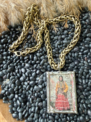 Hand Soldered Vintage Native Portrait Pendant Necklace on Antique Brass Chain | Western Statement Jewelry