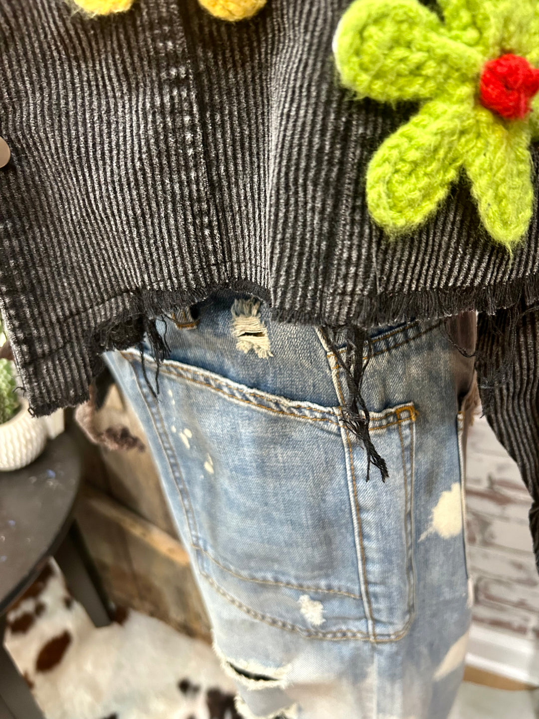 Distressed Corduroy Jacket with Multi Colored Flower Crochet Patches- Two Colors