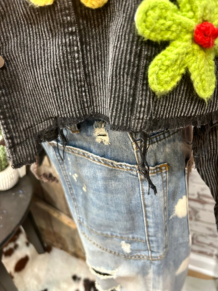 Distressed Corduroy Jacket with Multi Colored Flower Crochet Patches- Two Colors