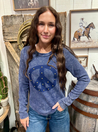 Peace Out Vintage Studded Thermal Top- Denim